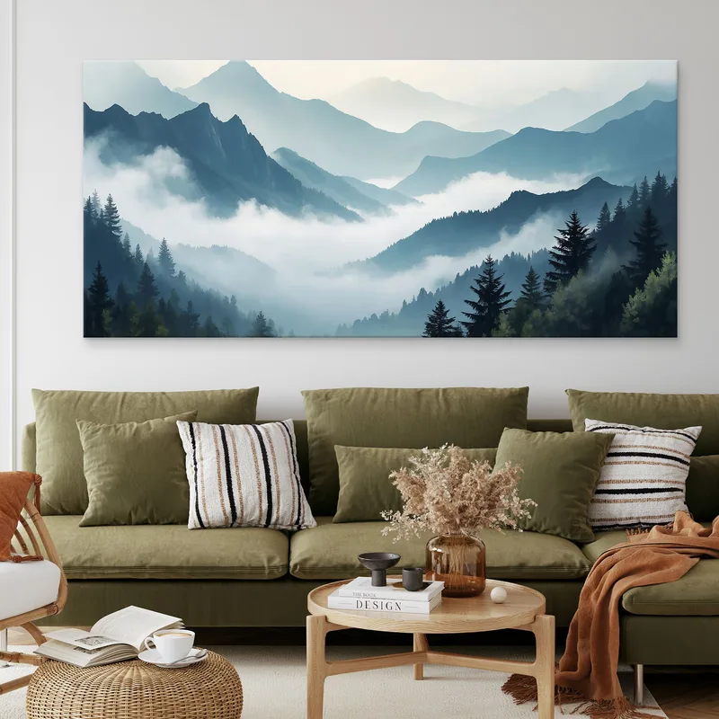 Abstract Landscape Painting Foggy Mountainous Landscape Art Serene Blue And Gray Landscape