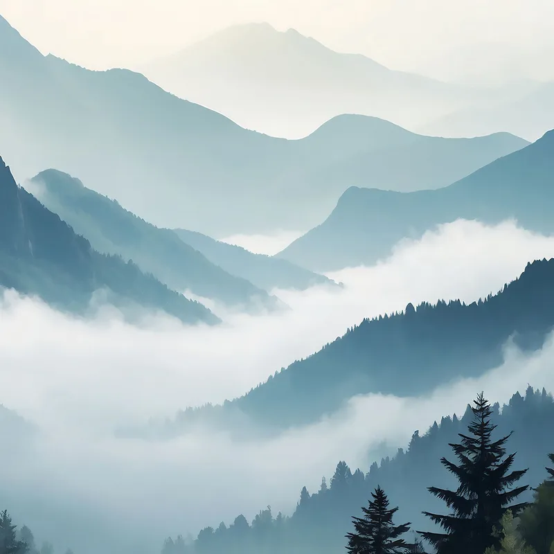 Abstract Landscape Painting Foggy Mountainous Landscape Art Serene Blue And Gray Landscape