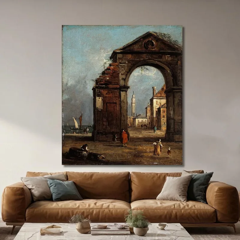 Capricho Con Arco Triunfal En Ruinas Y Paisaje De La Orilla De La Laguna Francesco Guardi