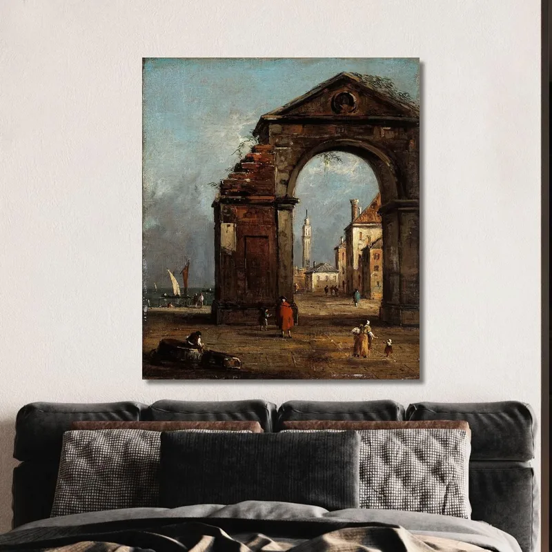 Capricho Con Arco Triunfal En Ruinas Y Paisaje De La Orilla De La Laguna Francesco Guardi