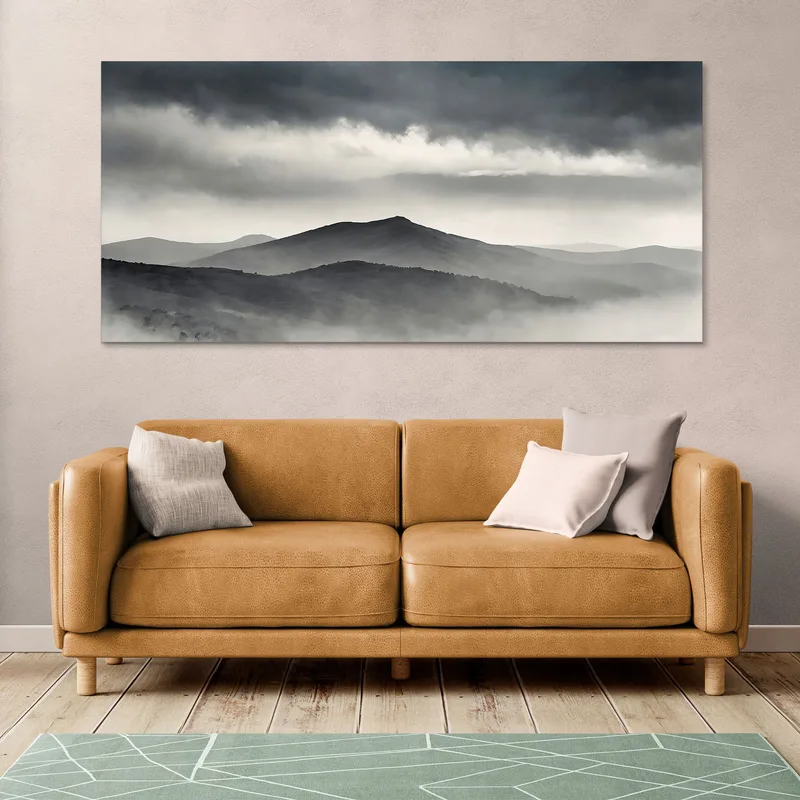Abstract Landscape Painting Foggy Mountain Landscape With Gray Hills And Dark Sky
