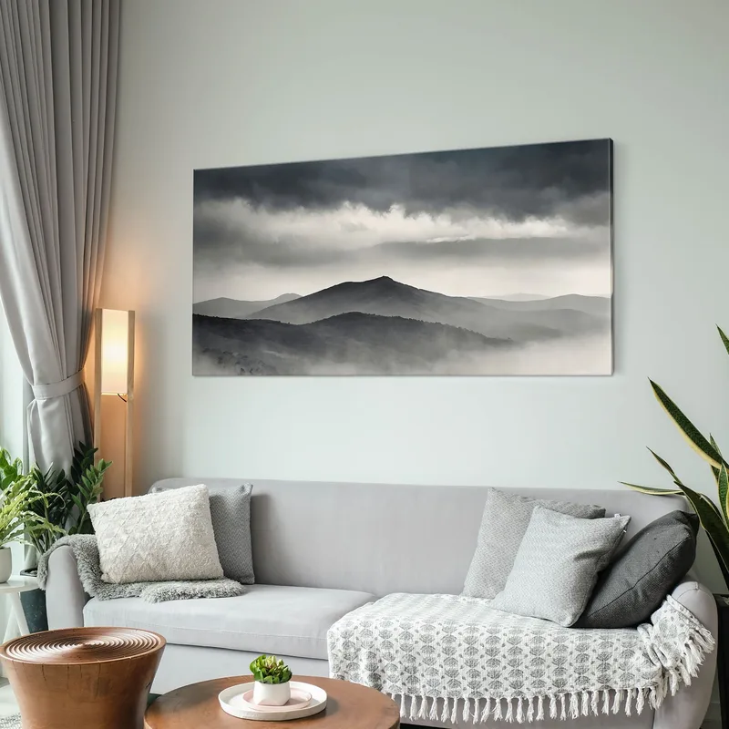 Abstract Landscape Painting Foggy Mountain Landscape With Gray Hills And Dark Sky