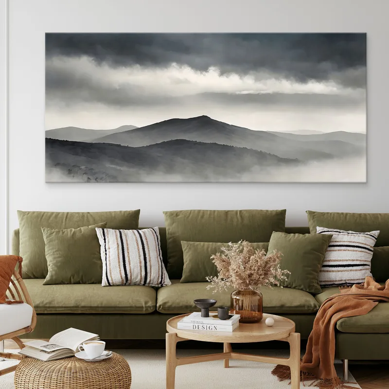 Abstract Landscape Painting Foggy Mountain Landscape With Gray Hills And Dark Sky