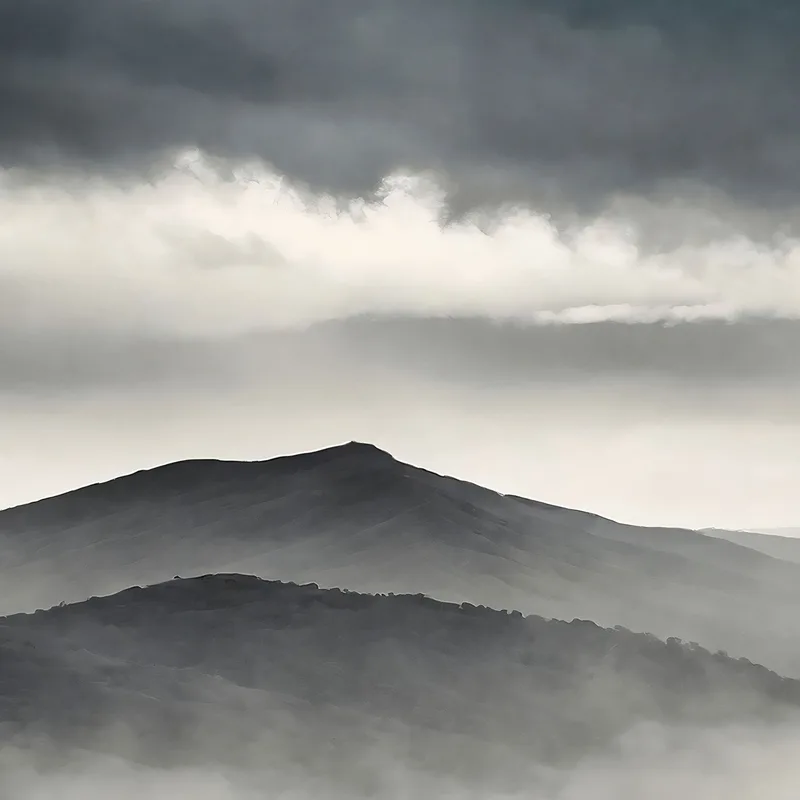 Abstract Landscape Painting Foggy Mountain Landscape With Gray Hills And Dark Sky