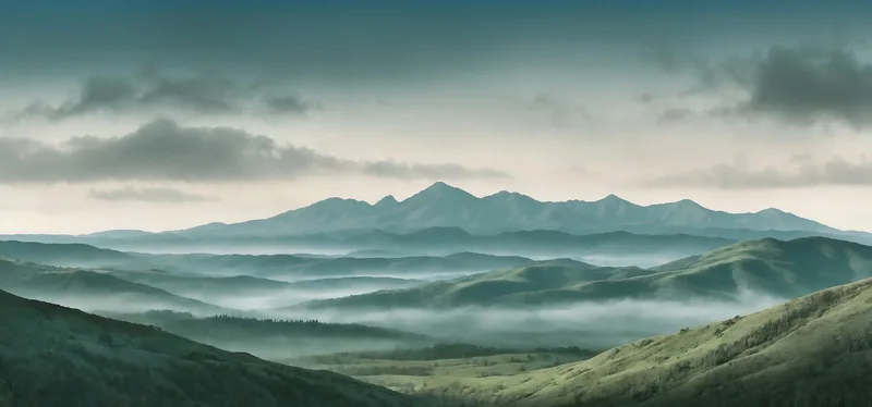 Peinture De Paysage Abstraite Paysage Montagneux Brumeux Avec Collines Verdoyantes Et Ciel Nuageux