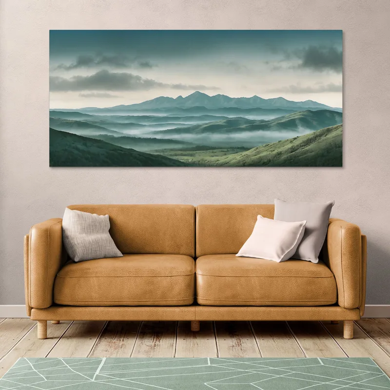 Peinture De Paysage Abstraite Paysage Montagneux Brumeux Avec Collines Verdoyantes Et Ciel Nuageux