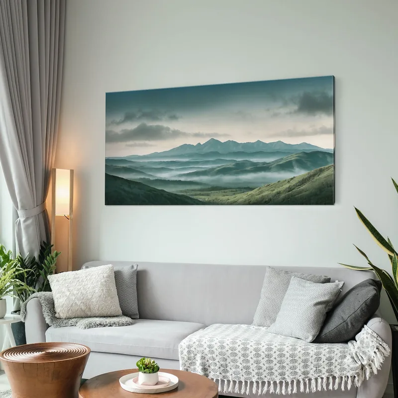 Peinture De Paysage Abstraite Paysage Montagneux Brumeux Avec Collines Verdoyantes Et Ciel Nuageux