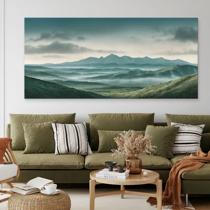 Peinture De Paysage Abstraite Paysage Montagneux Brumeux Avec Collines Verdoyantes Et Ciel Nuageux