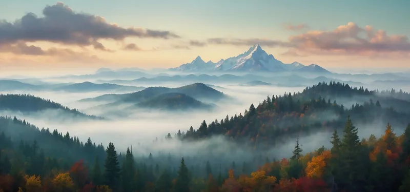 Abstract Landscape Painting Misty Mountainous Landscape With Colorful Autumn Forest