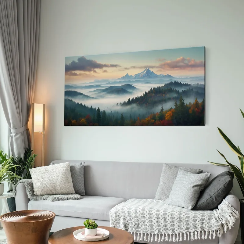Abstract Landscape Painting Misty Mountainous Landscape With Colorful Autumn Forest