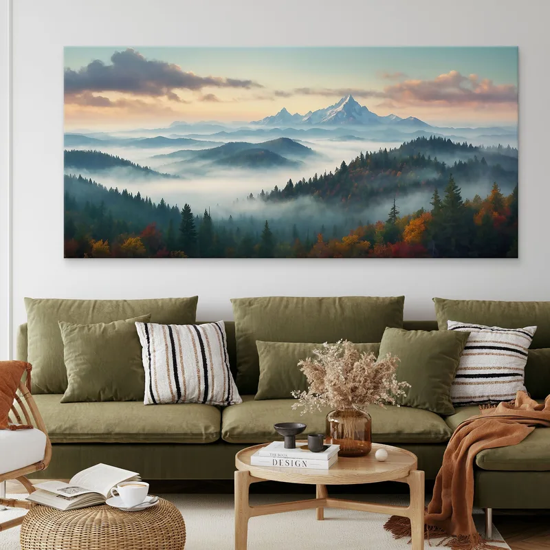 Abstract Landscape Painting Misty Mountainous Landscape With Colorful Autumn Forest