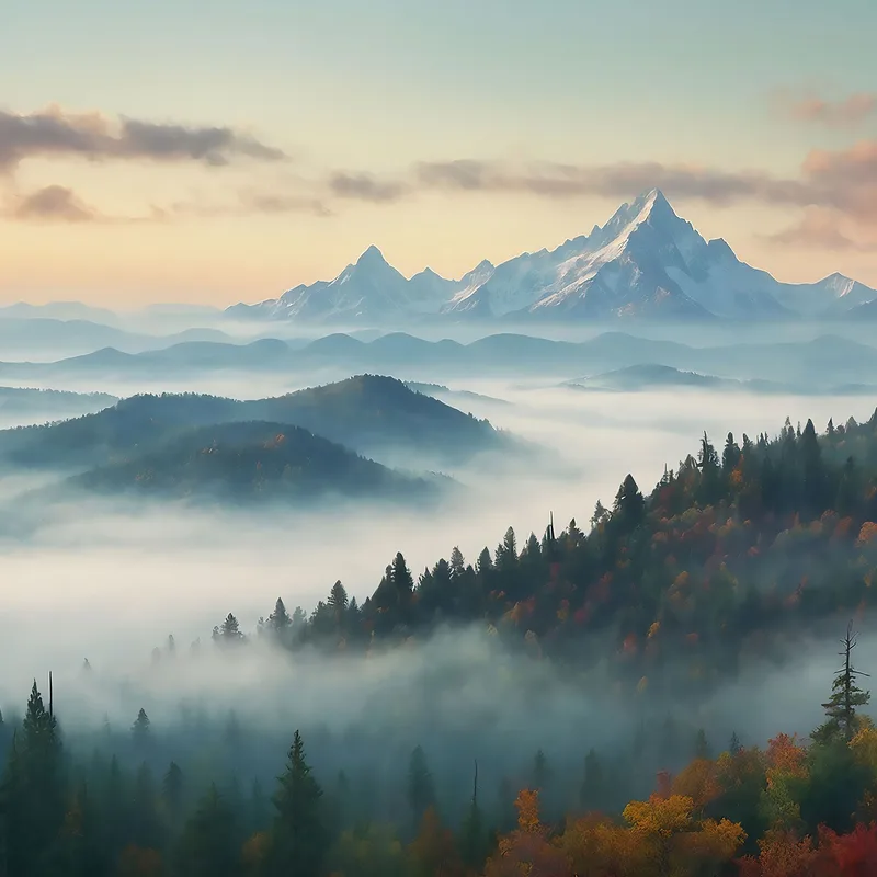 Abstract Landscape Painting Misty Mountainous Landscape With Colorful Autumn Forest