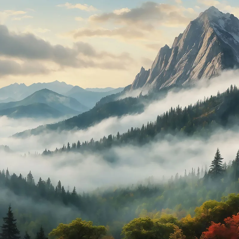 Pintura De Paisaje Abstracto Paisaje Montañoso Brumoso Con Bosque Otoñal Y Picos Nevados