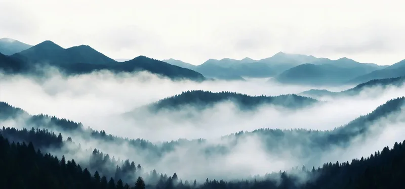 Quadro Paesaggio Astratto Paesaggio Montuoso Nebbioso Con Foresta Di Pini E Colline Blu