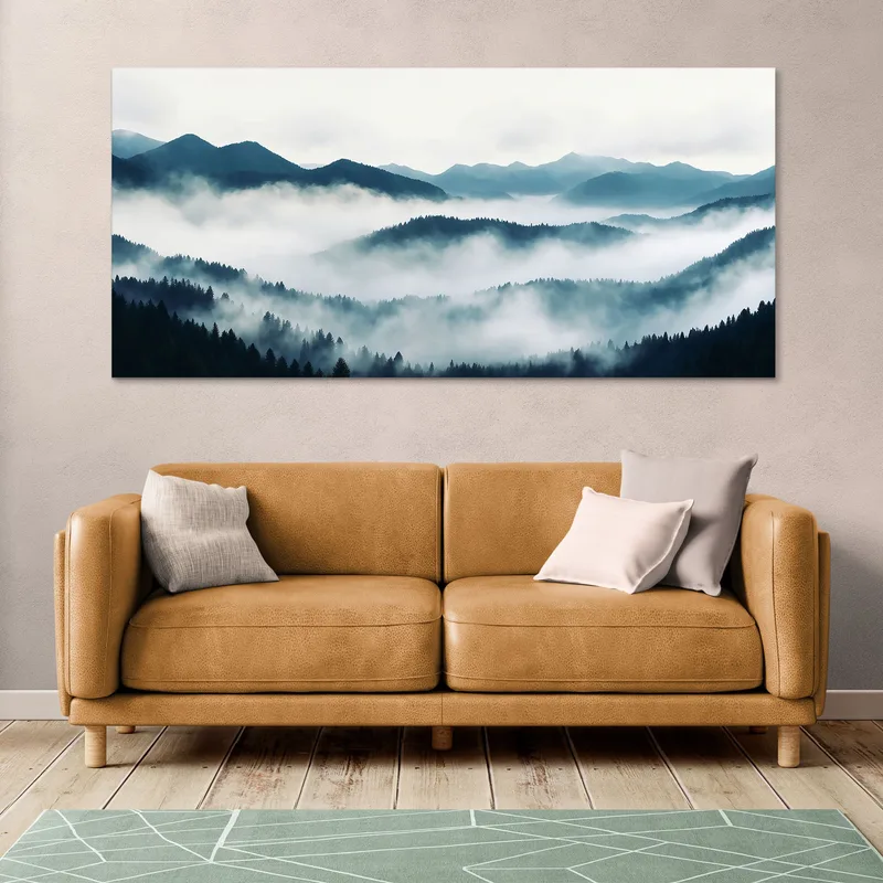 Quadro Paesaggio Astratto Paesaggio Montuoso Nebbioso Con Foresta Di Pini E Colline Blu