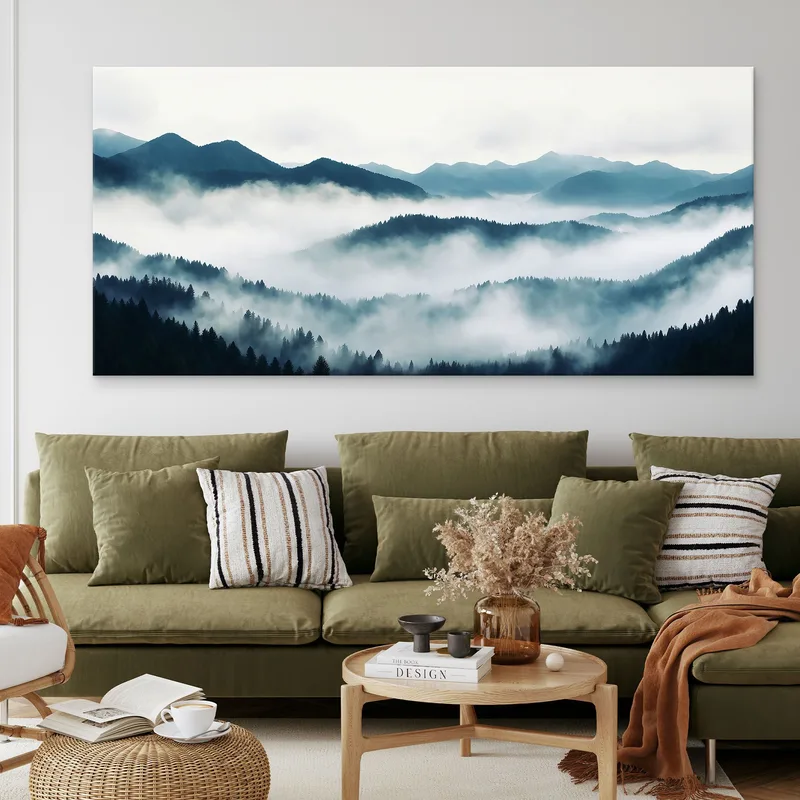Quadro Paesaggio Astratto Paesaggio Montuoso Nebbioso Con Foresta Di Pini E Colline Blu