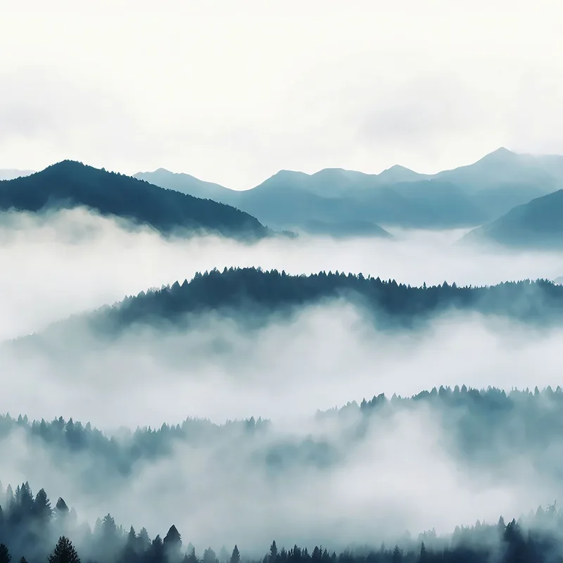 Quadro Paesaggio Astratto Paesaggio Montuoso Nebbioso Con Foresta Di Pini E Colline Blu