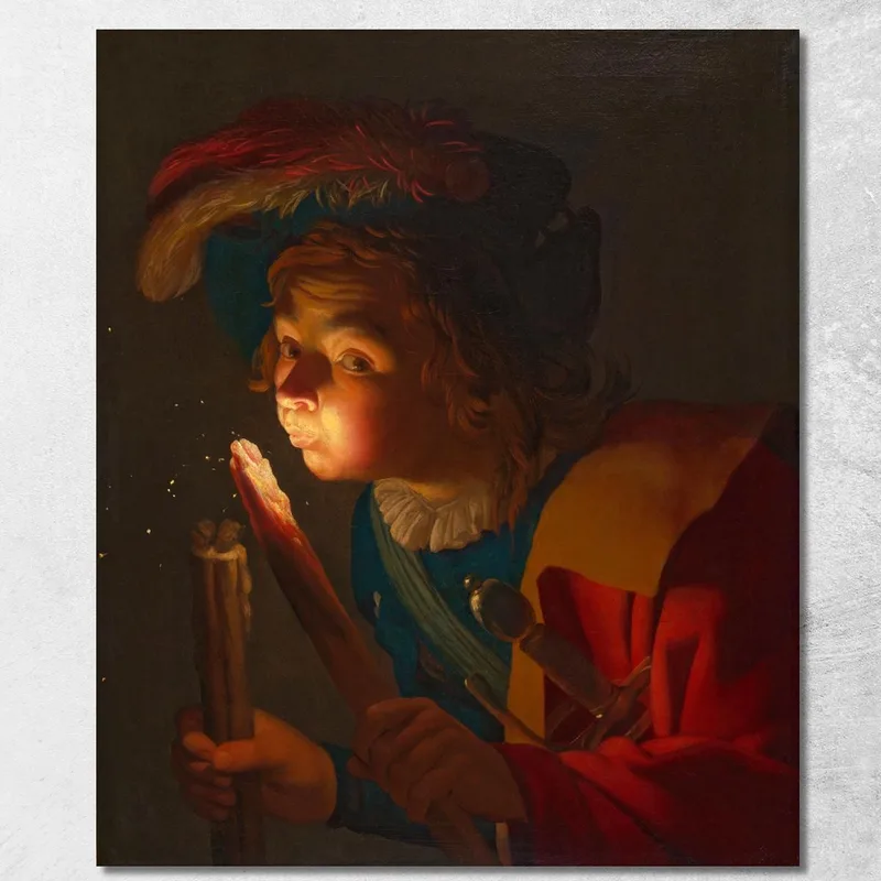 Ein Junge Bläst Auf Einen Brandstifter Gerard van Honthorst drucken auf leinwand