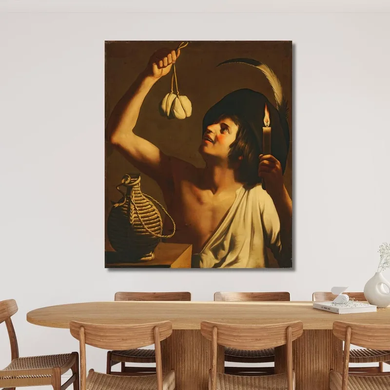 Ein Junger Mann Hält Eine Brennende Kerze Und Einen Scamorza-Käse Eine Fiasco-Flasche Neben Sich Gerard van Honthorst