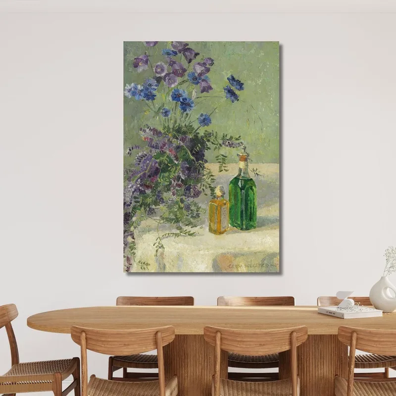 Stillleben Mit Blauen Blumen Und Zwei Flaschen Auf Einem Tisch Gerda Wegener