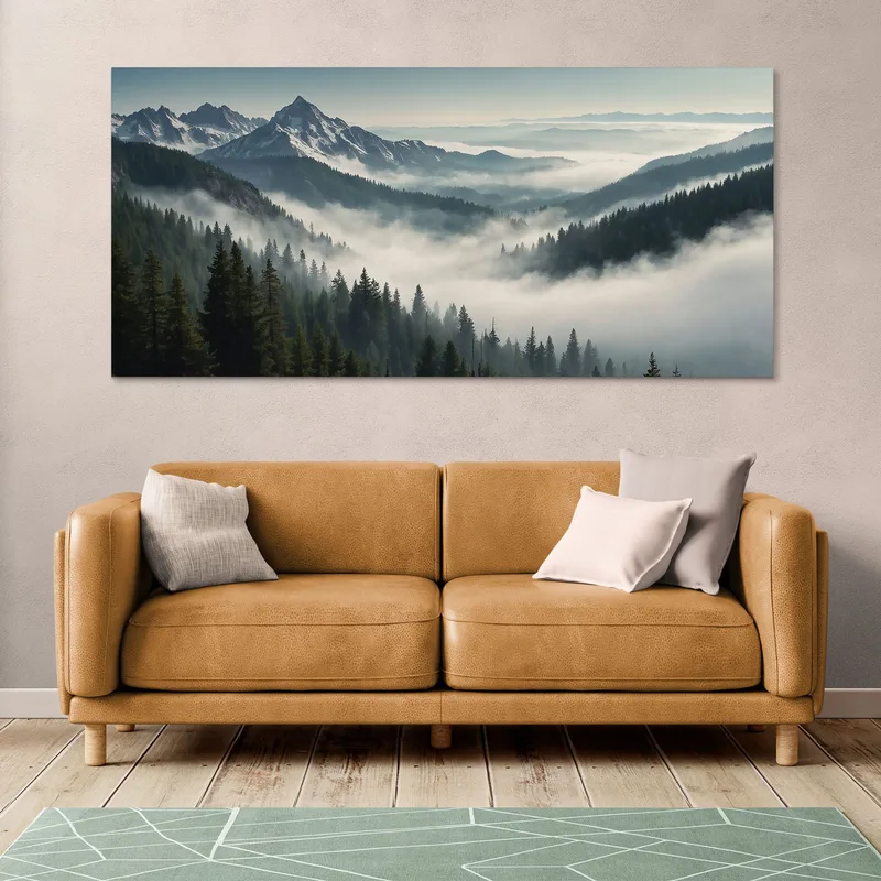Quadro Paesaggio Astratto Paesaggio Montuoso Nebbioso Con Vette Innevate E Foresta Verde
