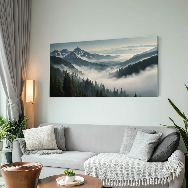 Quadro Paesaggio Astratto Paesaggio Montuoso Nebbioso Con Vette Innevate E Foresta Verde