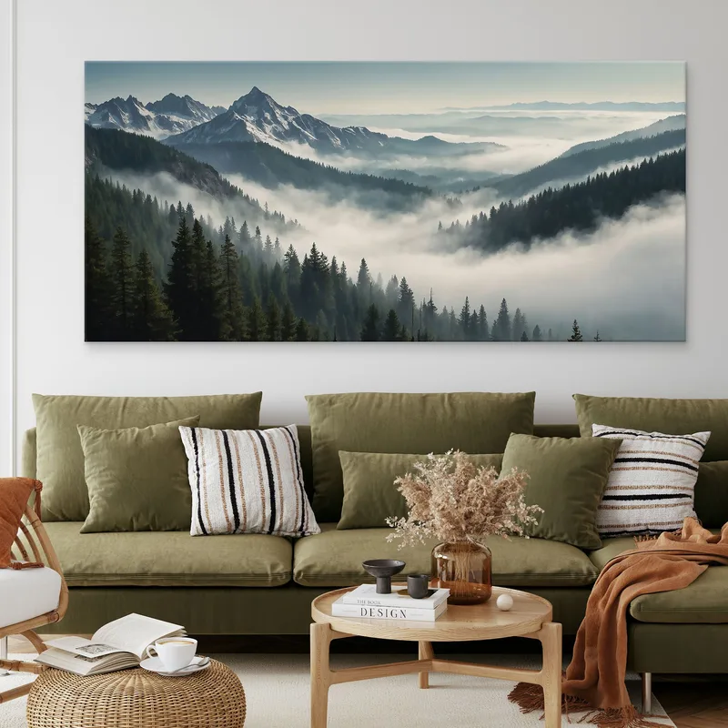 Quadro Paesaggio Astratto Paesaggio Montuoso Nebbioso Con Vette Innevate E Foresta Verde