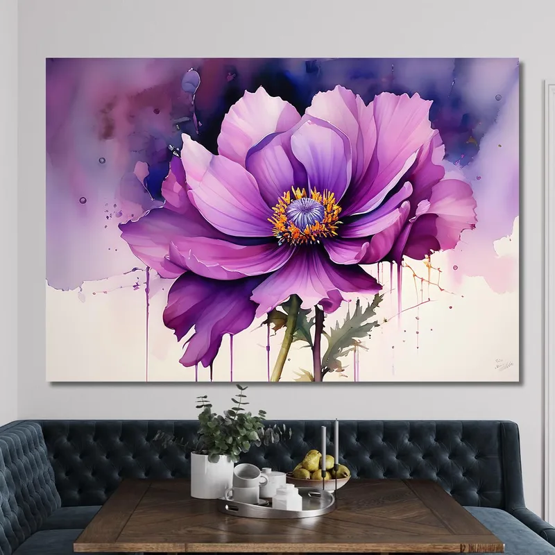 Pintura De Acuarela De Flores Moradas Pintura Moderna De Flores Abstractas