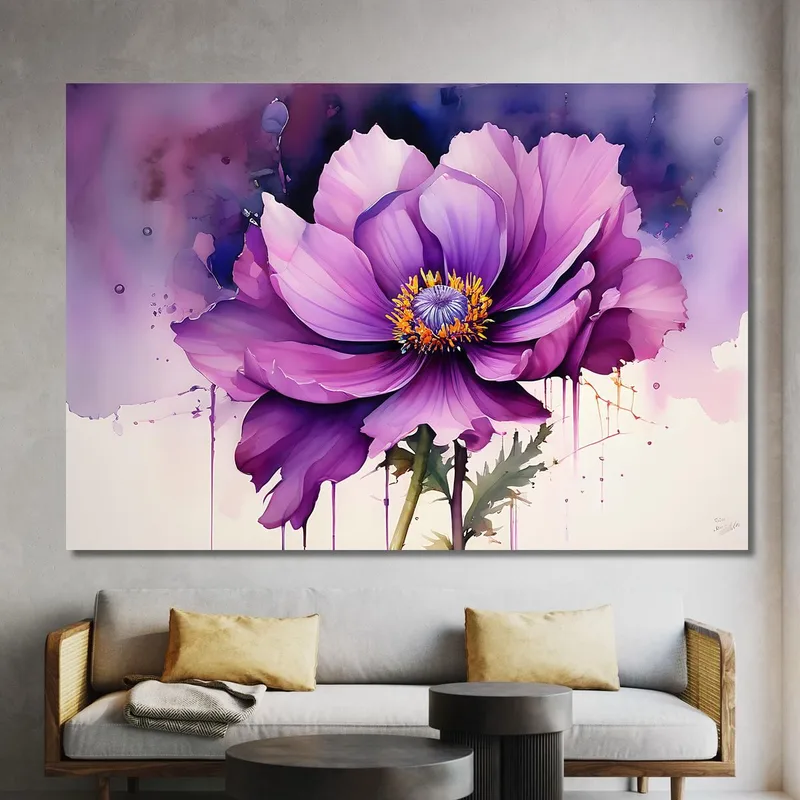 Pintura De Acuarela De Flores Moradas Pintura Moderna De Flores Abstractas