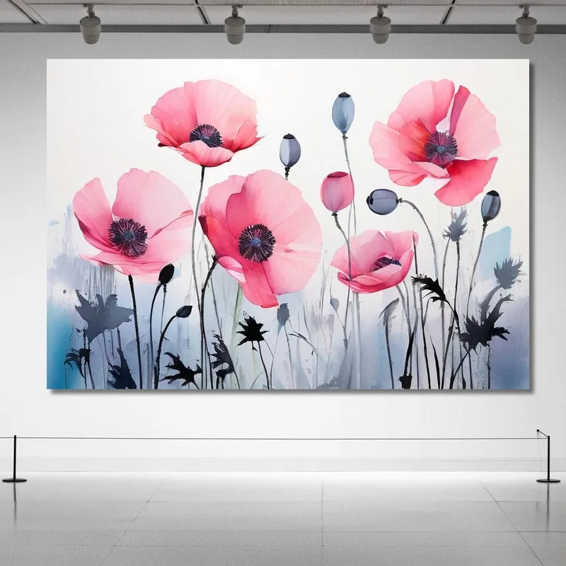 Pintura De Acuarela De Amapolas Rosas Sobre Fondo Degradado Pintura De Flores Abstractas Modernas