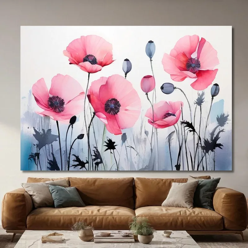 Pintura De Acuarela De Amapolas Rosas Sobre Fondo Degradado Pintura De Flores Abstractas Modernas