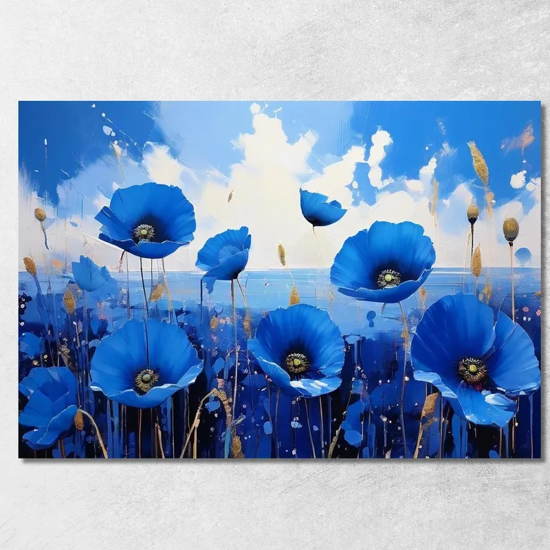 Blue Poppy Field Painting, Modern Abstract Flowers Painting canvas print