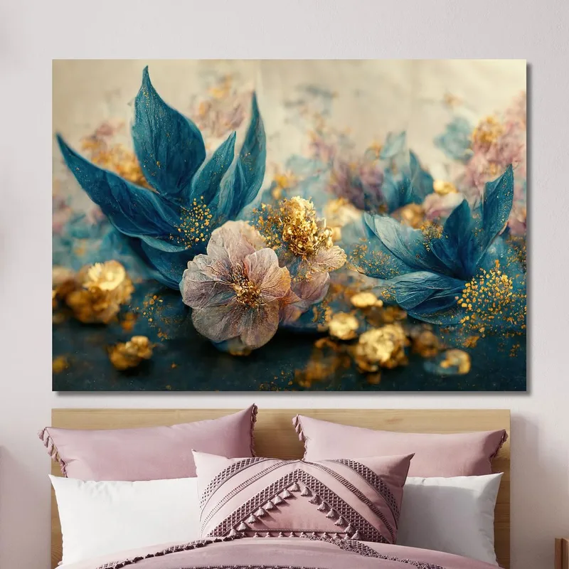 Quadro Con Composizione Floreale Blu E Dorata Con Petali Scintillanti, Quadro Moderno Fiori Astratti