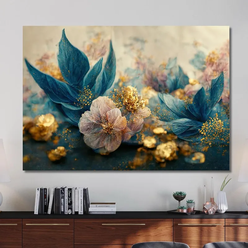 Quadro Con Composizione Floreale Blu E Dorata Con Petali Scintillanti, Quadro Moderno Fiori Astratti