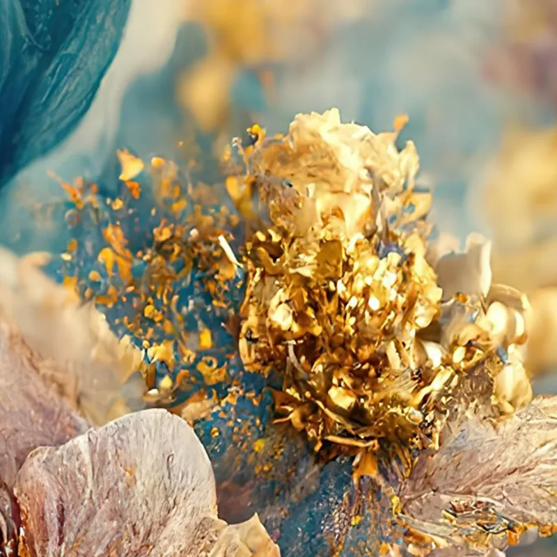 Quadro Con Composizione Floreale Blu E Dorata Con Petali Scintillanti, Quadro Moderno Fiori Astratti