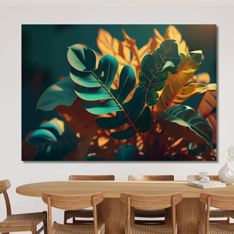 Cuadro Con Hojas Tropicales Iluminadas Por Luz Cálida Cuadro Moderno Flores Abstractas