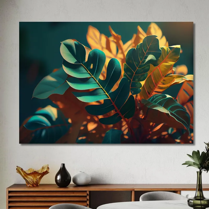 Cuadro Con Hojas Tropicales Iluminadas Por Luz Cálida Cuadro Moderno Flores Abstractas