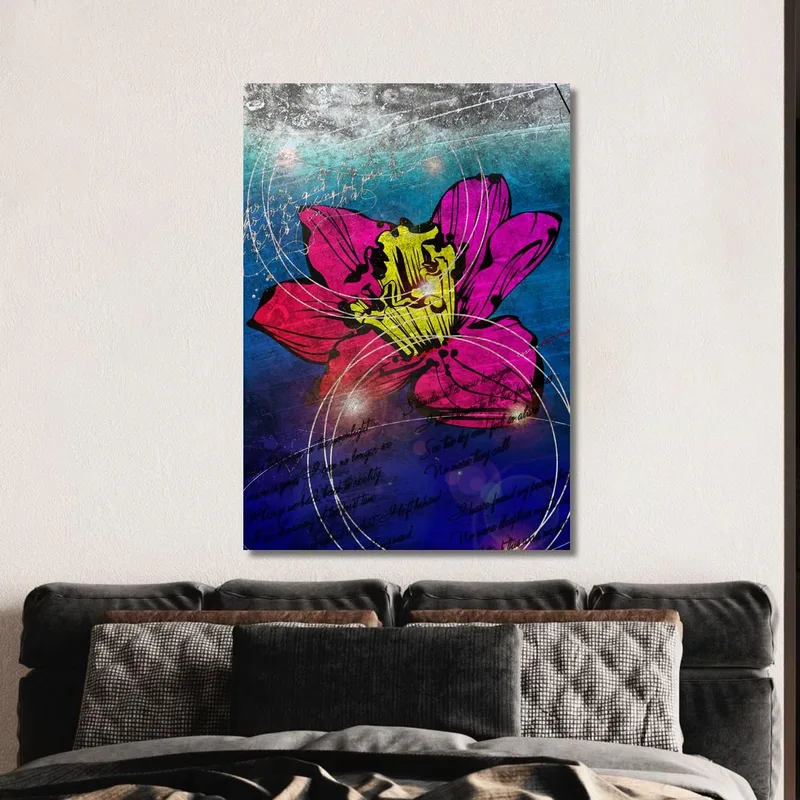 Quadro Fiore Fucsia E Giallo Astratto Su Blu, Quadro Moderno Fiori Astratti