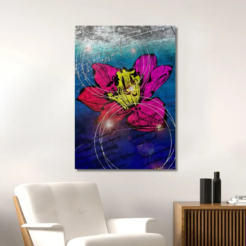 Quadro Fiore Fucsia E Giallo Astratto Su Blu, Quadro Moderno Fiori Astratti