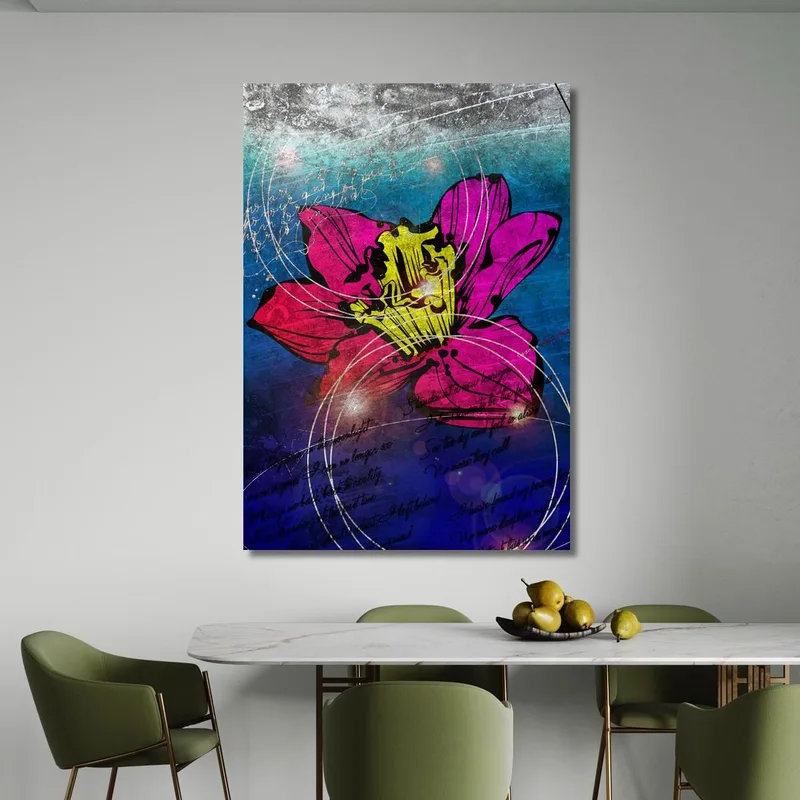 Quadro Fiore Fucsia E Giallo Astratto Su Blu, Quadro Moderno Fiori Astratti