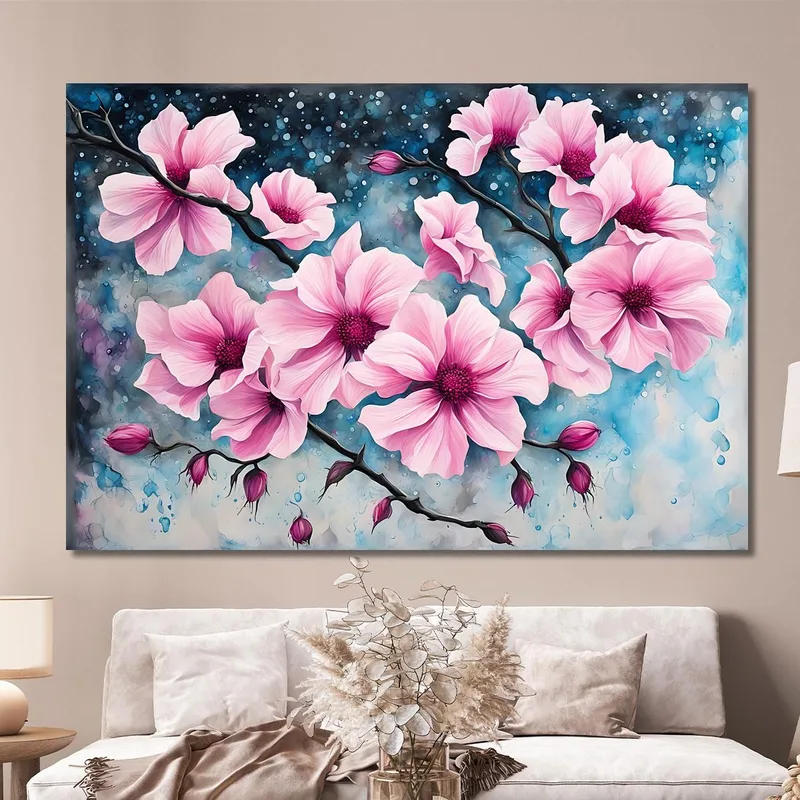 Pink Magnolias Painting On Abstract Background Modern Abstract Flowers Painting