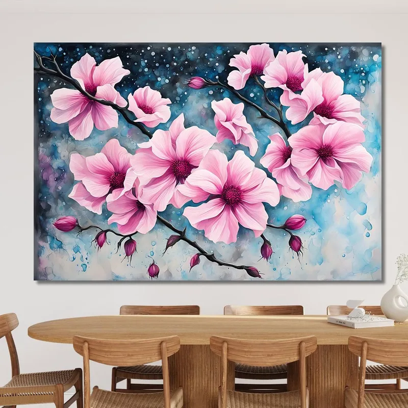 Pink Magnolias Painting On Abstract Background Modern Abstract Flowers Painting
