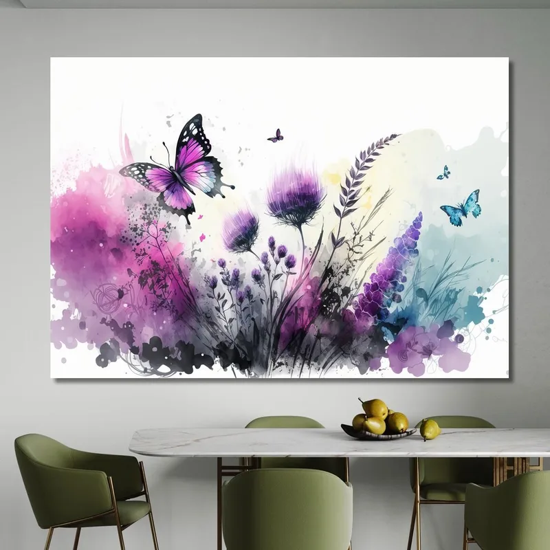 Minimalist Painting Purple Flowers And Butterflies Modern Painting Abstract Flowers