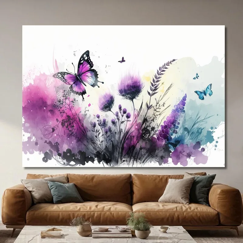 Minimalist Painting Purple Flowers And Butterflies Modern Painting Abstract Flowers