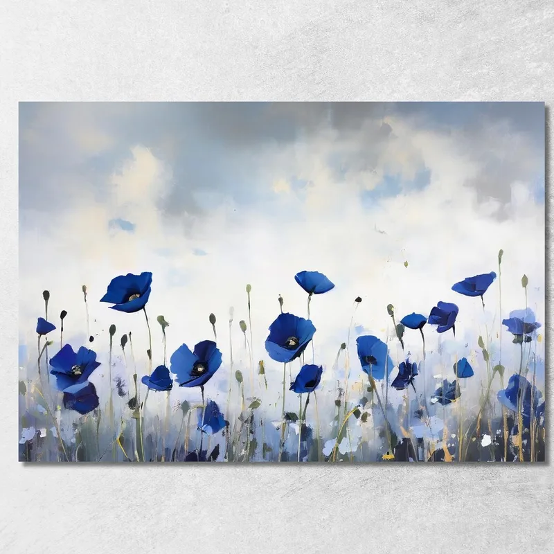 Quadro Papaveri Blu Su Campo Bianco E Nero, Quadro Moderno Fiori Astratti quadro stampa su tela