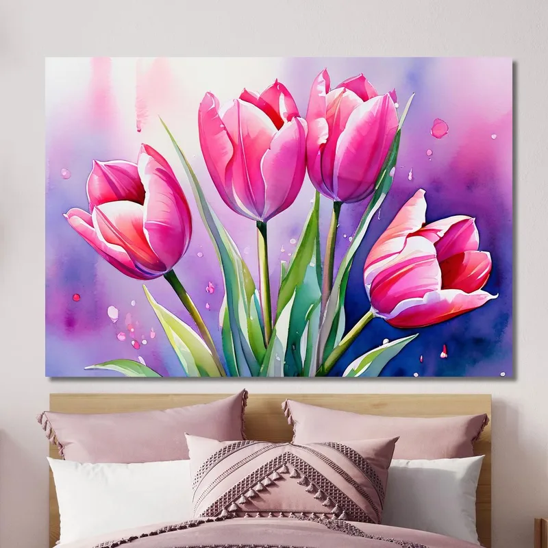 Pintura De Tulipanes Rosados ​​Sobre Fondo De Acuarela Pintura De Flores Abstractas Modernas