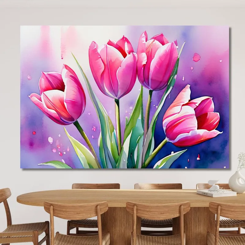 Pintura De Tulipanes Rosados ​​Sobre Fondo De Acuarela Pintura De Flores Abstractas Modernas