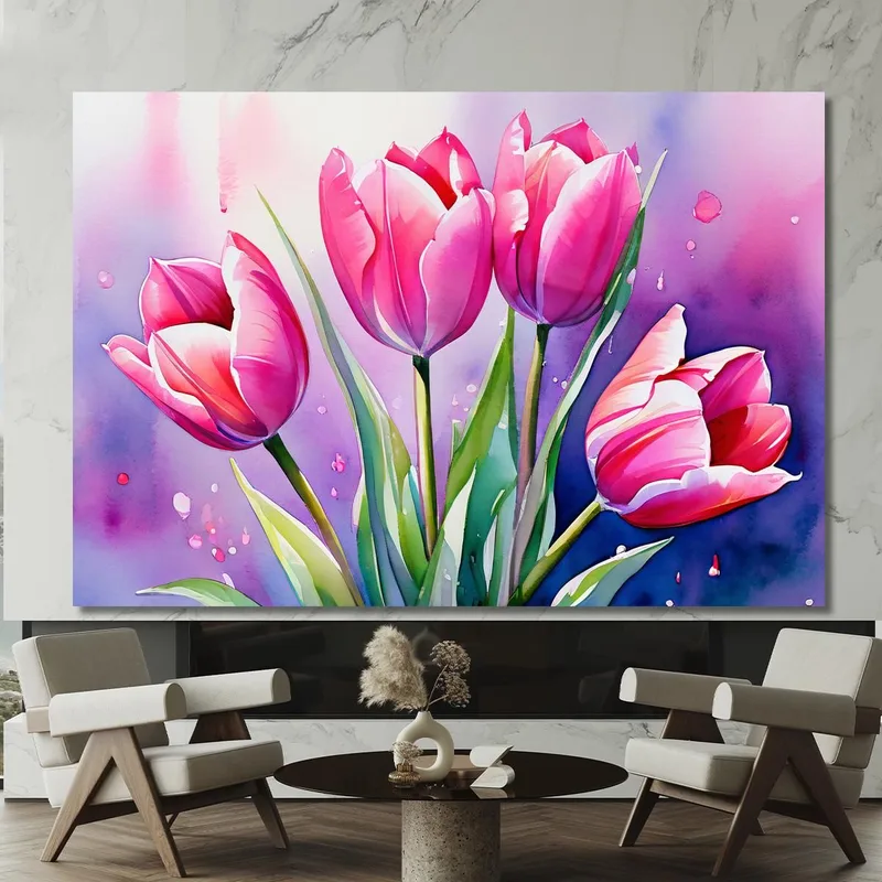 Pintura De Tulipanes Rosados ​​Sobre Fondo De Acuarela Pintura De Flores Abstractas Modernas