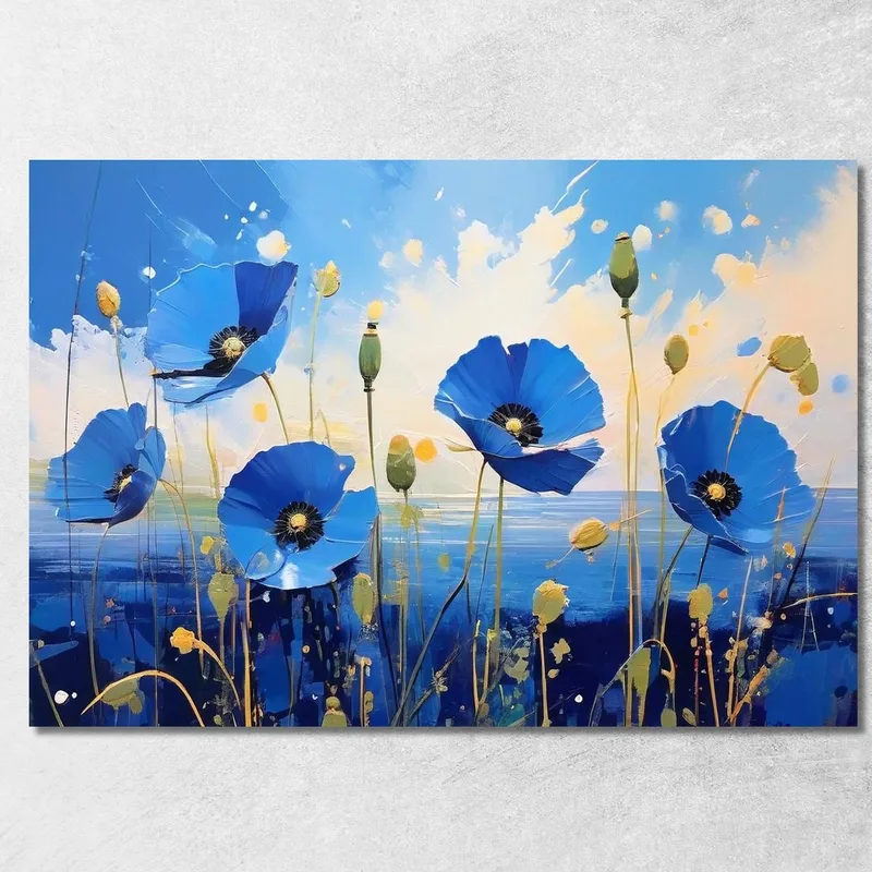 Quadro Papaveri Blu Su Sfondo Marino, Quadro Moderno Fiori Astratti quadro stampa su tela