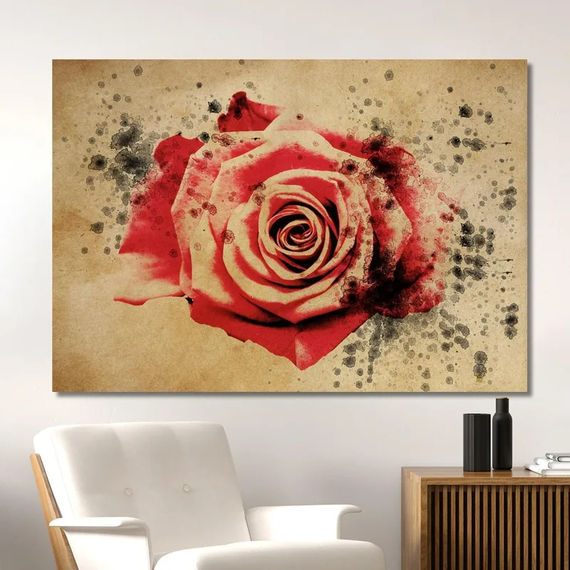 Quadro Rosa Rossa Vintage, Quadro Moderno Fiori Astratti